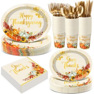 Pajean 350 Pcs Thanksgiving Fall Oval Paper Plates Gold Pumpkin Disposable
