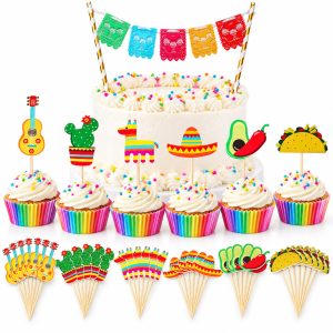 Outus 43 Pcs Mexican Fiesta Cupcake Toppers with Papel Picado Cake Banner