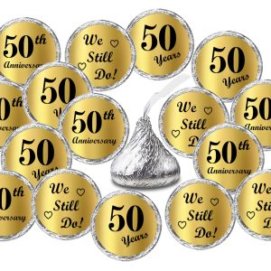 Gold Foil Happy 50th Anniversary Kisses Stickers, (Set of 216) Chocolate Drops Labels Stickers for 50th Wedding Anniversary, Party Favors Decor for Kisses. Made in USA
