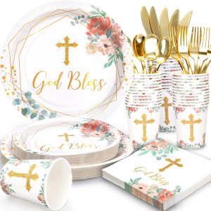 175 PCS Baptism Plates and Napkins Party Supplies - Baptism Decorations for Girls - God Bless Disposable Paper Plates First Communion Plate for Christening Baby Shower Party Decorations