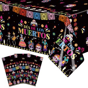 Gistome 3-Piece 54 x 108 Inch Day of the Dead Plastic Tablecloth – Colorful Sugar Skull Disposable Table Cover for Día de Los Muertos, Mexican Fiesta, and Halloween Party Decorations