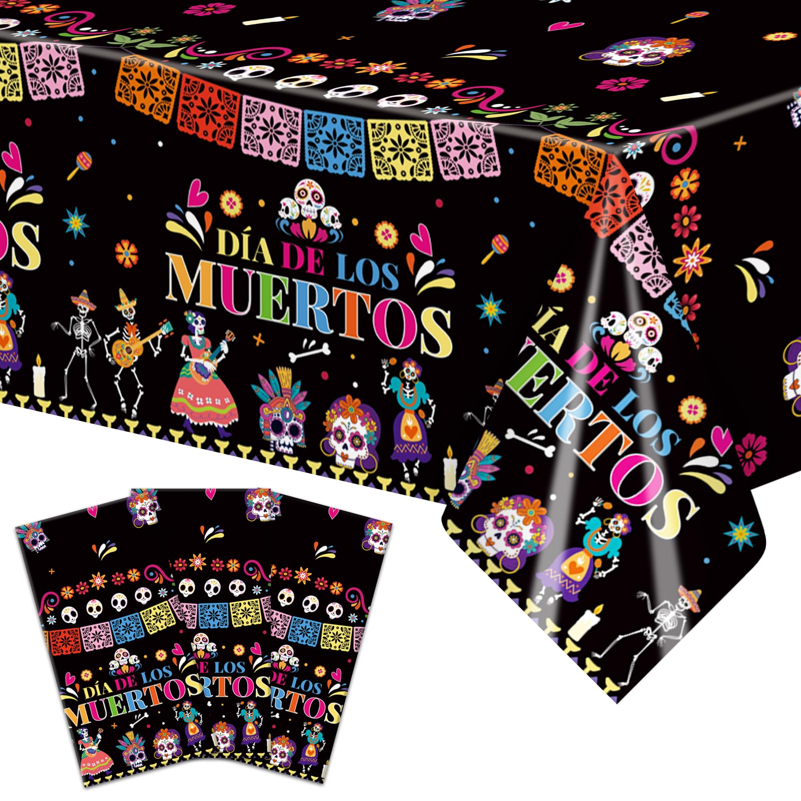 Gistome 3-Piece 54 x 108 Inch Day of the Dead Plastic Tablecloth – Colorful Sugar Skull Disposable Table Cover for Día de Los Muertos, Mexican Fiesta, and Halloween Party Decorations