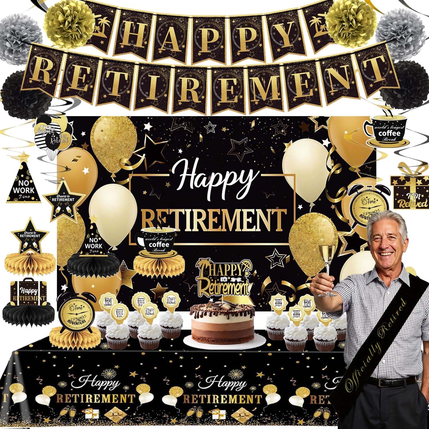 Retirement Party Decorations Includes Banner, Backdrop, Cake Topper, Hanging Swirls, Tablecloth, Honeycomb Centerpiece for Happy Retirement Decorations