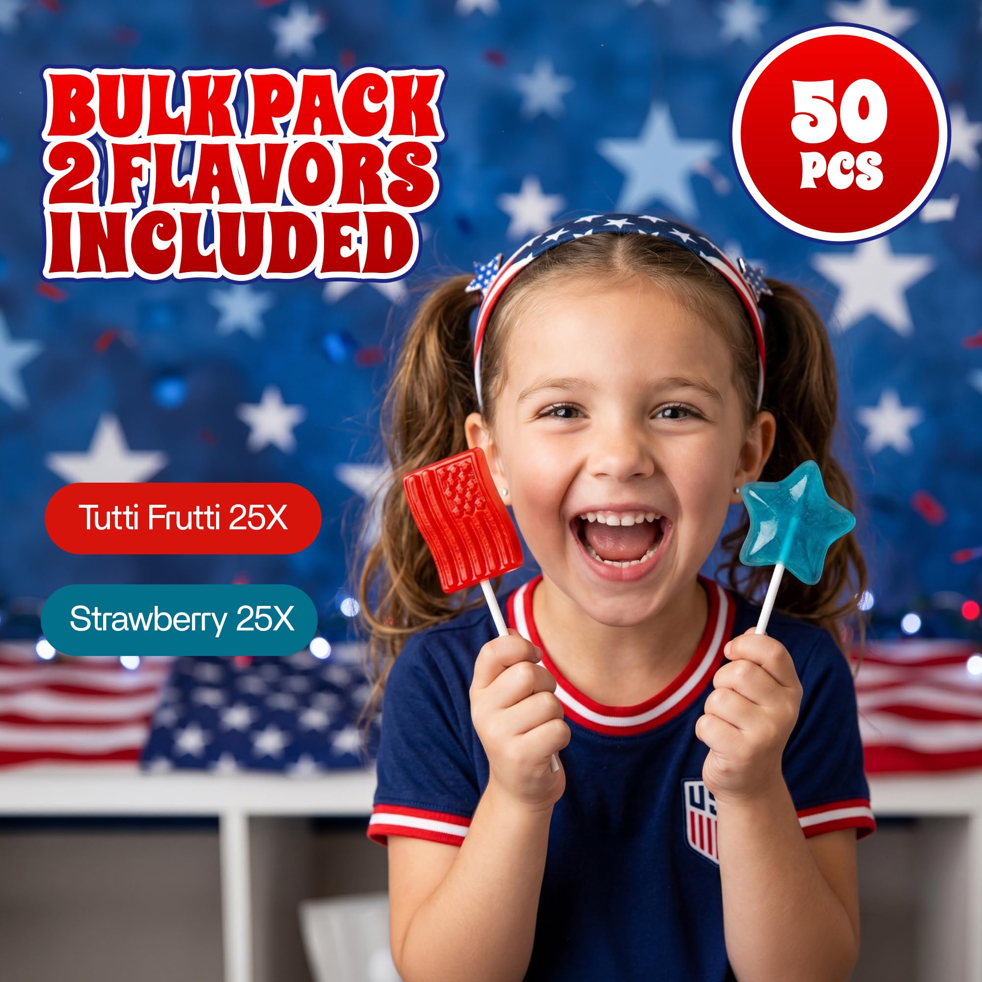 50 Pack Patriotic Lollipops - Individually Wrapped 4th of July Flag & Star Suckers - Strawberry & Tutti Frutti Flavors -Bulk July 4 Red White And Blue Candy - Great Use For, Kids Party Favors, Classro
