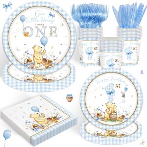 120PCS Blue Bear First Birthday Supplies for Boys Kids Cute One 1st Birthday Party Decorations Bear First Disposable Tableware Set Plates Napkins Cups and Forks Knives Serves 20 Guests