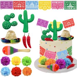 25 PCS Mexican Fiesta Cake Topper Mini Mexican Papel Picado Banner Cactus Pepper Sombrero and Flower Cake Decor for Mexican Themed Party Decorations