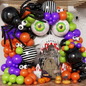 Froova Halloween Balloon Garland 146 Pcs Purple Green Black Orange Balloons Arch Kit with 22 Inch Green Eyeball Balloon Striped Foil Balloons for Spider Spooky Witch Birthday Baby Shower Party Decor