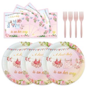 75PCS Floral Baby Girl Shower Plates and Napkins Decorations Party Favors, 7Inch A Sweet Baby Is on Her Way Paper Dessert Plates Disposable Tableware Party Supplies
