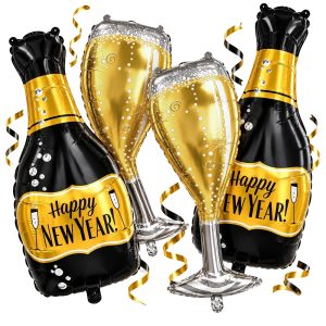 4 Pack Black Champagne Bottles Wine Glasses Balloons New Years Decorations