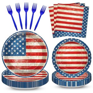 100 Pcs American Flag Party Supplies Set, Serves 25 – Disposable Patriotic Paper Plates, Napkins, and Forks, USA Flag-Themed Tableware for 4th of July, Memorial Day, Veterans Day, Independence Day BBQ