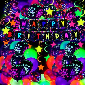 Jetec 71 Pcs Neon Birthday Party Decoration with Glow in The Dark Balloons