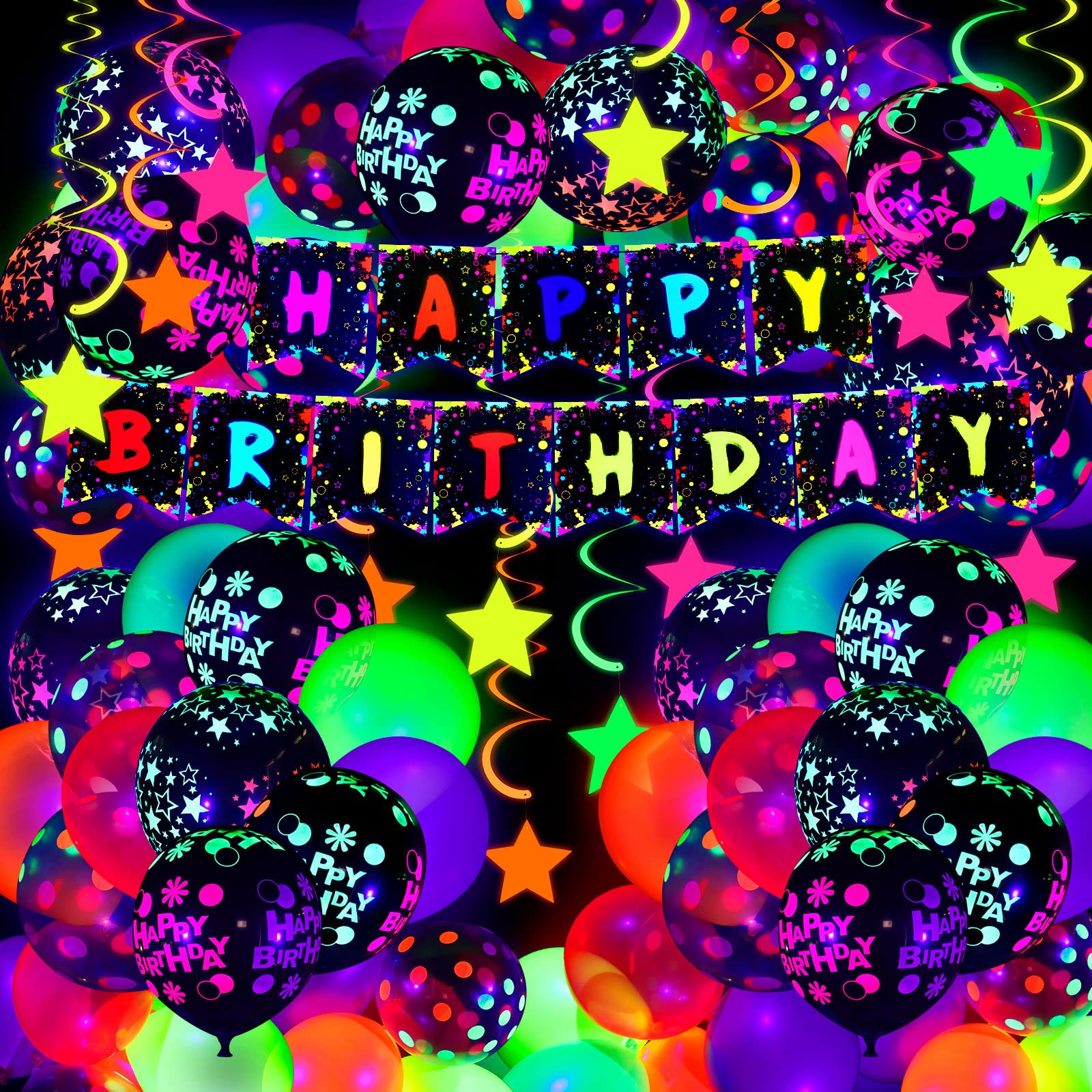 Jetec 71 Pcs Neon Birthday Party Decoration with Glow in The Dark Balloons