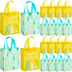 Wovnet 30 Pcs Easter Gift Bags Pastel Colors Easter Bunny Goodie Treat Tote Bags with Handle Reusable Non Woven Rabbit Party Favor Pouch for Spring Party Supplies 10 x 8 x 4in