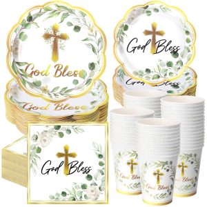 Ziliny 250 Pcs God Bless Baptism Party Tableware Set for 50 Guest First Holy Communion Decorations Sage Green Eucalyptus Leaves Paper Plates Napkins and Cups for Christening Baby Shower Religious