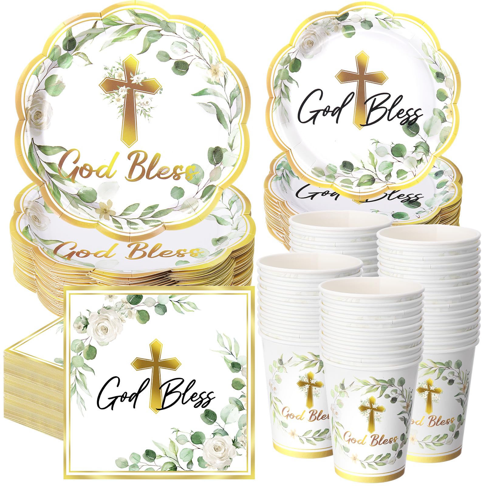 Ziliny 250 Pcs God Bless Baptism Party Tableware Set for 50 Guest First Holy Communion Decorations Sage Green Eucalyptus Leaves Paper Plates Napkins and Cups for Christening Baby Shower Religious