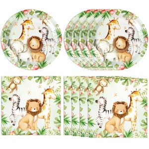 DURYGEN 40PCS Jungle Safari Birthday Decorations Disposable Tableware Set Safari Jungle Themed Party Dessert Plates, Napkins Baby Shower Animal Birthday Party Decorations for Boys Girls