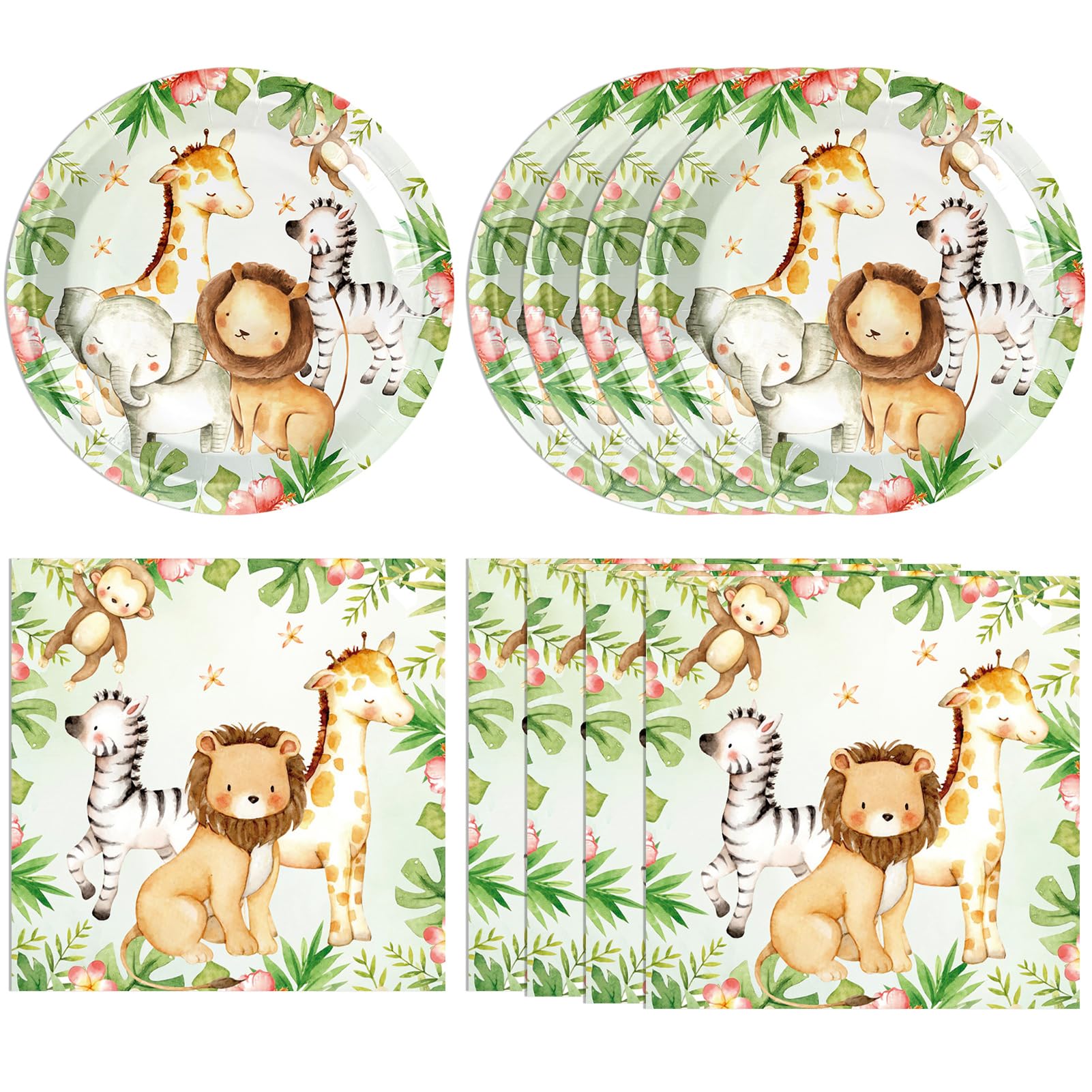DURYGEN 40PCS Jungle Safari Birthday Decorations Disposable Tableware Set Safari Jungle Themed Party Dessert Plates, Napkins Baby Shower Animal Birthday Party Decorations for Boys Girls