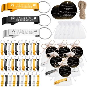 Maxcheck 100 Sets Cheers to Retirement Party Favors for Guests Bottle Opener Keychain with Thank You Tags Organza Bags Souvenirs Gifts for Christmas (Silver,Black,Gold)
