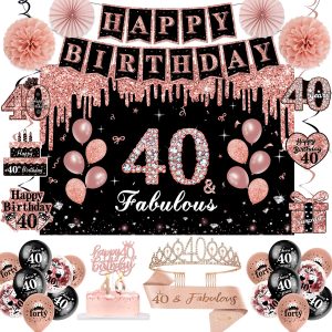 50Pcs 40th Birthday Decorations for Women,Rose Gold Black Pre-Assembled Set