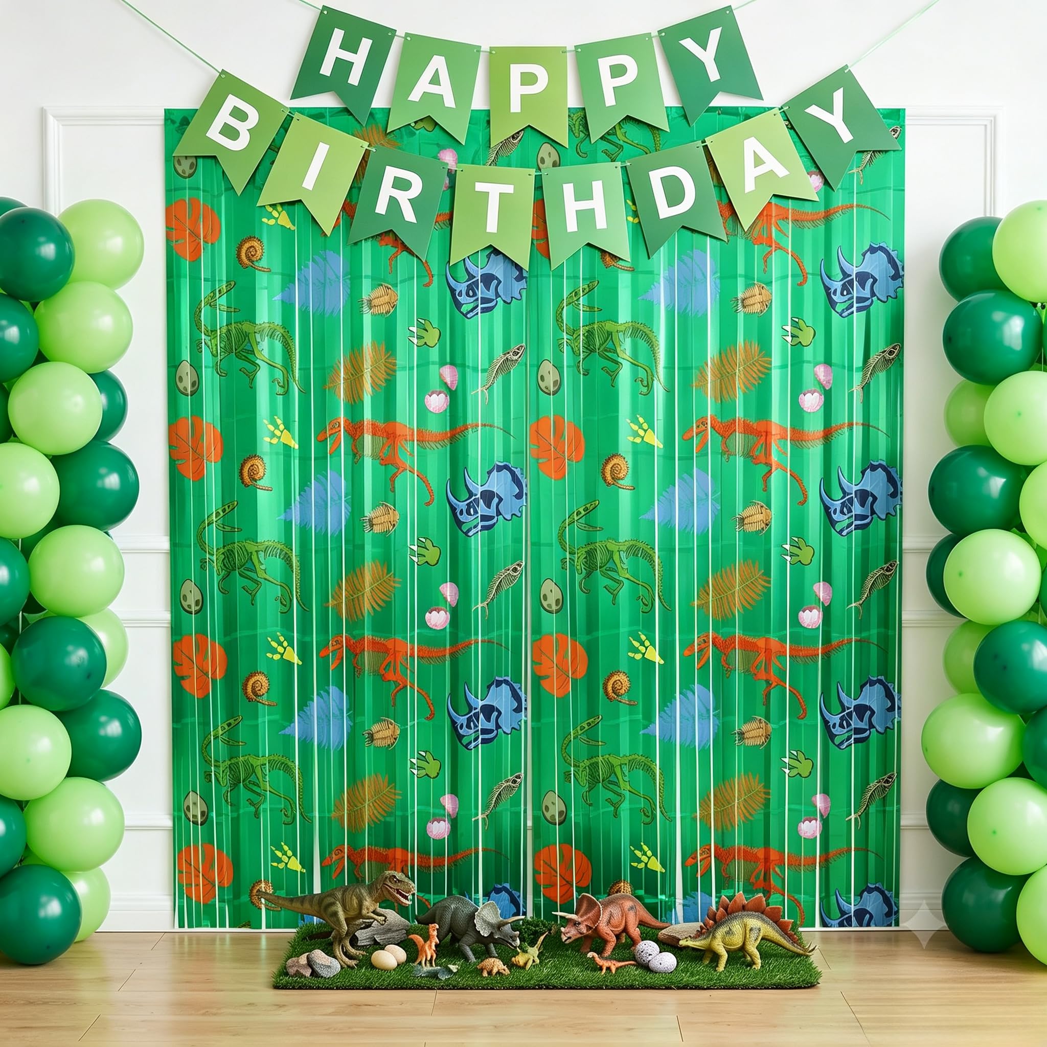 TONIFUL 2Pcs Green Metallic Foil Fringe Curtains with Dinosaur Pattern