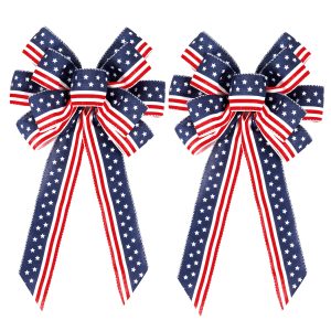 2 Pack 4th of July Decor Bow for Wreath,Red White Blue Stripe Stars Tree Topper Bows for Patriotic,Independence Day,Memorial Day,Veteran's Day,Front Door Indoor Outdoor Decorations