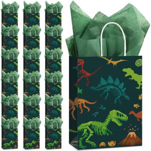 Capoda 16 Pcs Dinosaur Gift Bags with Tissue Paper Green Dino Party Bags