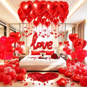 Red Valentines Day Decorations with Red Heart Balloons and Love Balloon, Fake Rose Petals for Wedding Decor, Anniversary Decorations Romantic with red Latex Balloons and Heart Hanging Decor