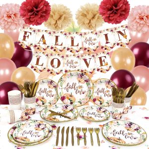 Fall in Love Party Decorations - Floral Pumpkin Decoration Set Includes Tablecloths, Dinner Plates, Boho Balloons - Perfect for Bridal Shower, Anniversary, Engagement Parties