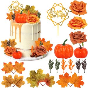 Fall Cake Toppers Thanksgiving Cake Decorations with Maple Leaves Flowers