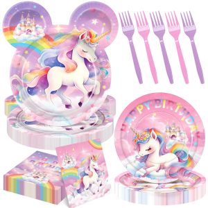 96PCS Unicorn Birthday Plates and Napkins,Unicorn Birthday Party Decoration