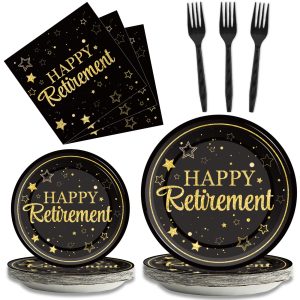 96 Pcs Retirement Party Plates Napkins Tableware Set Happy Retirement Supplies Black and Golden Disposable Dinnerware Retired Party Decoration Favors for Women Men, 24 Guests