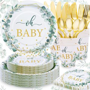 Gudvilla 168 PCS Sage Green Baby Shower Decorations Neutral, Baby Shower Plates and Cups and Napkins Sets Serves 24, Oh Baby Plates for Boy, Gender Reveal, Green and Gold Plant Eucalyptus Boho