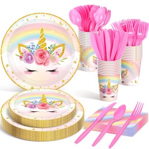 Meanplan 168 Pcs Princess Party Unicorn Style Plates Cups Napkins