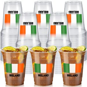 Honeydak 50 Pack Ireland Flag Party Cups - 12oz Clear Disposable Plastic Drinking Glasses for Irish American Heritage Month Decorations Pub Sports Bar Supplies St. Patrick's Day