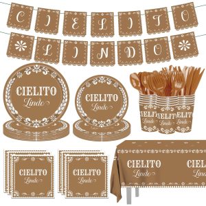 142 pcs Cielito Lindo Baby Shower Tableware, Mexican Theme White Talavera Baby Girl Shower Party Decoration Paper Plates Napkins Forks Serves 20
