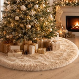 AOGU 48 Inch Faux Fur Christmas Tree Skirt Beige Plush Skirt for Merry Christmas Party Christmas Tree Decoration