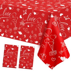 Valentines Tablecloth, 2 PCS Valentines Day Tablecloth, 54x108 Inch Disposable Plastic Red Heart Love Tablecloth Rectangular Valentines Table Cloth Table Cover for Valentine's Day Party Decorations