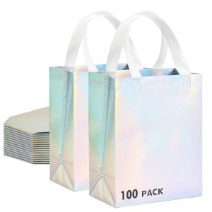 100 Pcs Iridescent Glossy Gift Bags Medium Size, 8x4x10 In Holographic Reusable Gift Bags with Handles & Sturdy Base, Ideal for Birthday, Wedding, Bachelorette, Party Favors, Holiday Goodie Bag