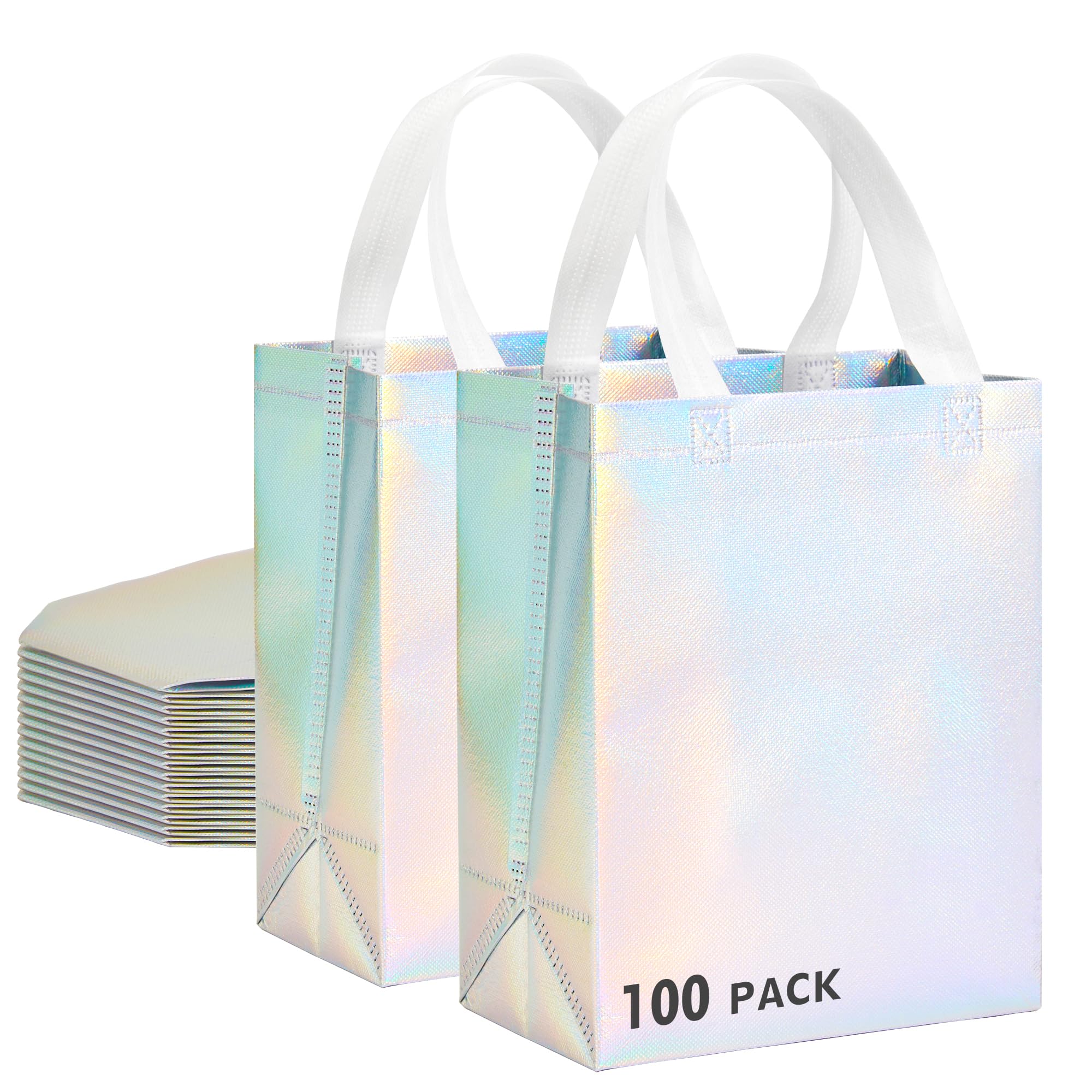 100 Pcs Iridescent Glossy Gift Bags Medium Size, 8x4x10 In Holographic Reusable Gift Bags with Handles & Sturdy Base, Ideal for Birthday, Wedding, Bachelorette, Party Favors, Holiday Goodie Bag