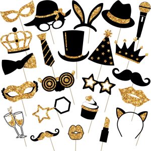 Zonon 24 Pcs Photo Booth Props Set Black Gold Birthday,Golden