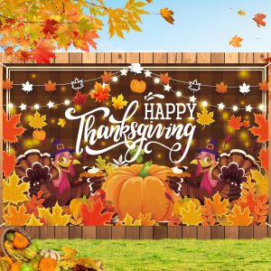 Large Thanksgiving Banner 72x44 Inch Turkey Pumpkin Happy Backdrop for Yard Indoor Wall Decor, Thanksgiving Decorations Outdoor Party Supplies with Maple Leaf Design for Home Photography Background