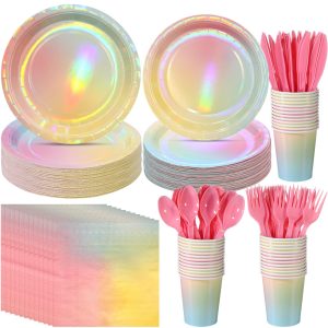 Iridescent Rainbow Party Decorations - Serve 25, Holographic Pastel Paper Plates and Napkins, Disposable Iridescent Rainbow Plates, Cups, Napkins for Girls Birthday, Wedding, Baby Shower