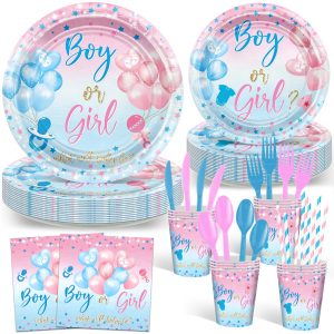 Avezano 192 Pcs Gender Reveal Party Decorations Boy or Girl Plates Napkins Cups Blue and Pink Gender Reveal Party Tableware Set Serve 24