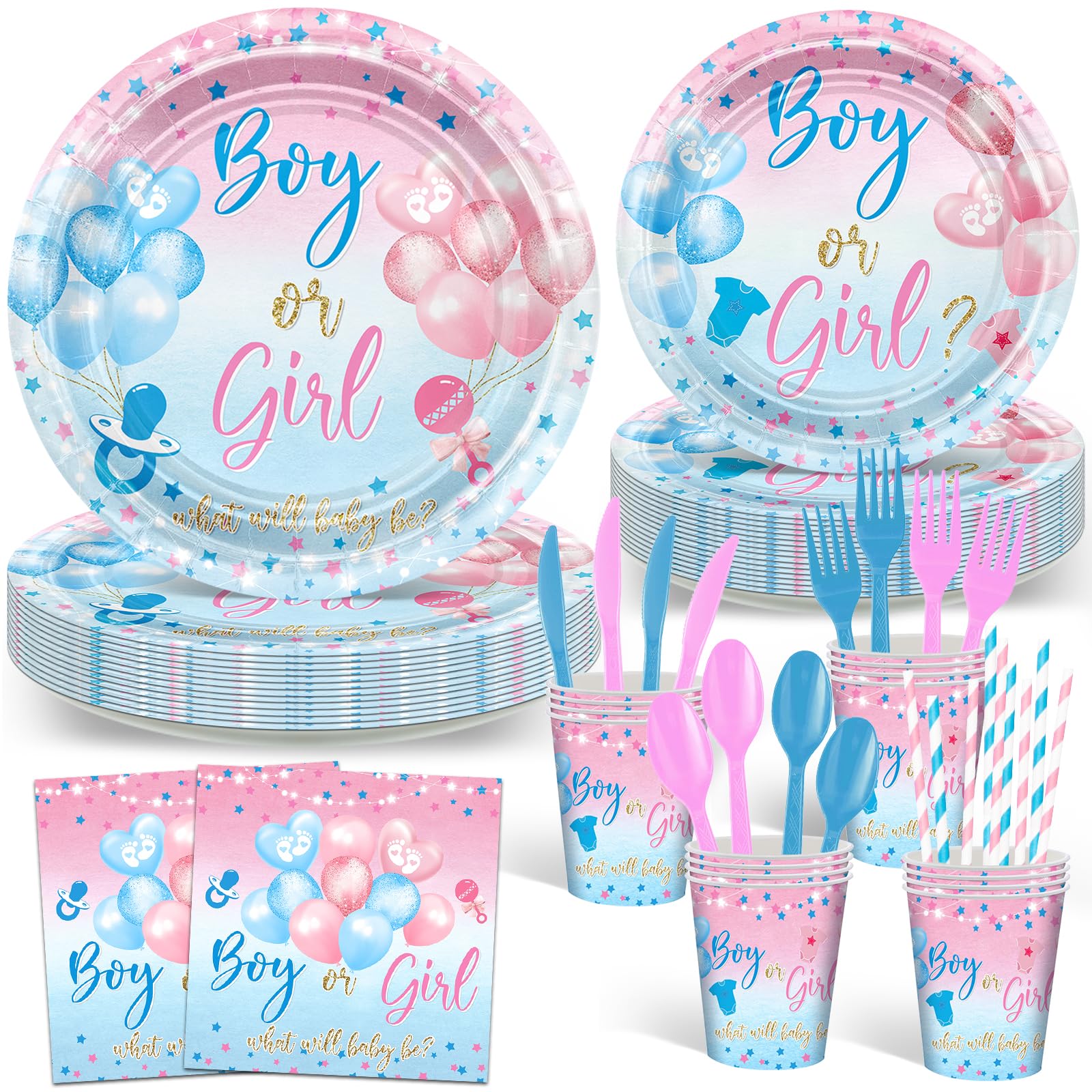 Avezano 192 Pcs Gender Reveal Party Decorations Boy or Girl Plates Napkins Cups Blue and Pink Gender Reveal Party Tableware Set Serve 24