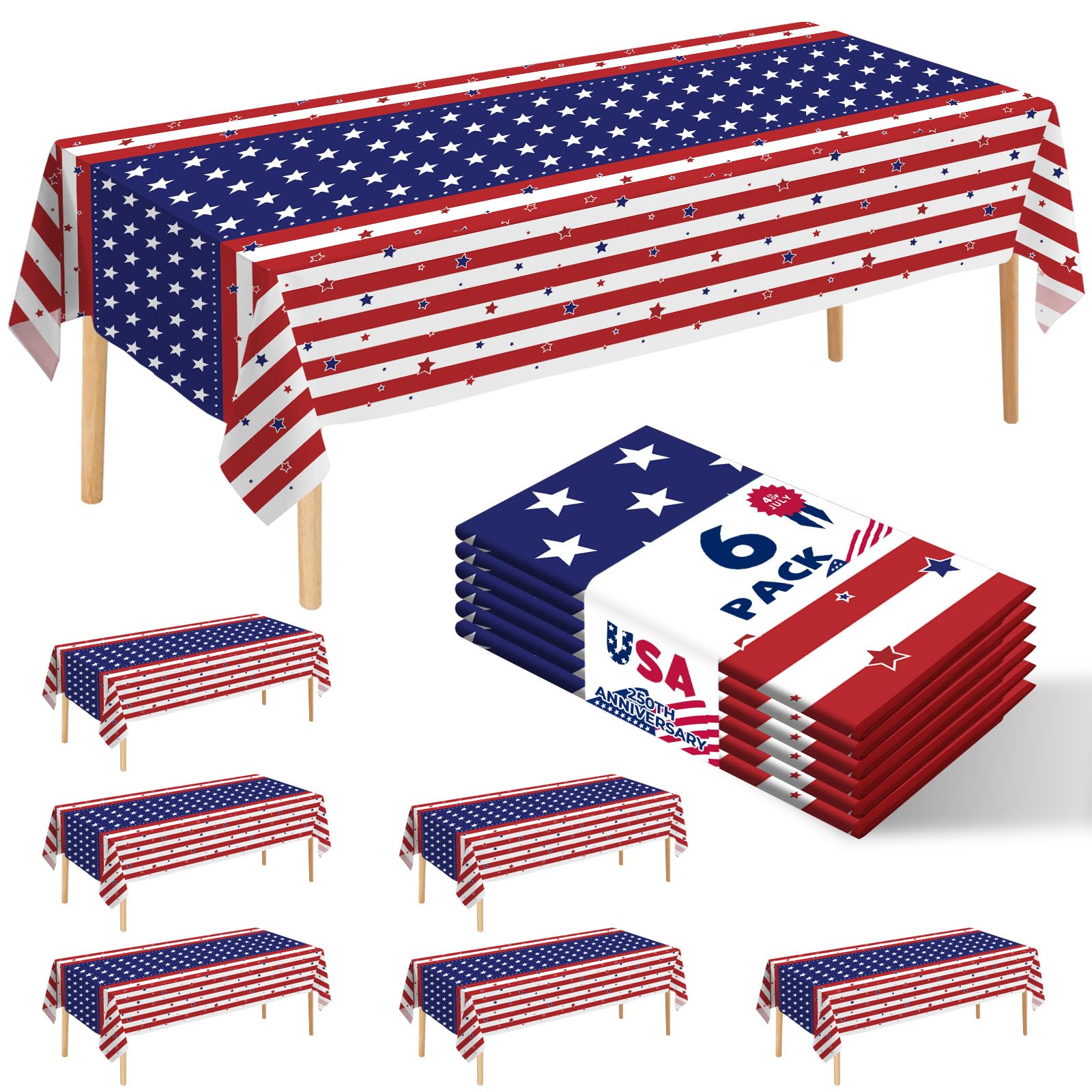 JHDZDHY 6 Pack American Flag Tablecloth, 4th of July Patriotic Table Cover (54"x108") Disposable Plastic Table Cloth, Decorations for Veterans Day, Patriotic, Memorial, Fourth of July, Independence