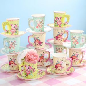 Talking Tables 24 x 7 oz Vintage Floral Paper Tea Cups & Saucer Set, Disposable Tea Cups for Easter, Afternoon Tea Parties, Bridal Shower, Mothers Day, Wedding, Birthday, Birthday Party Decorations