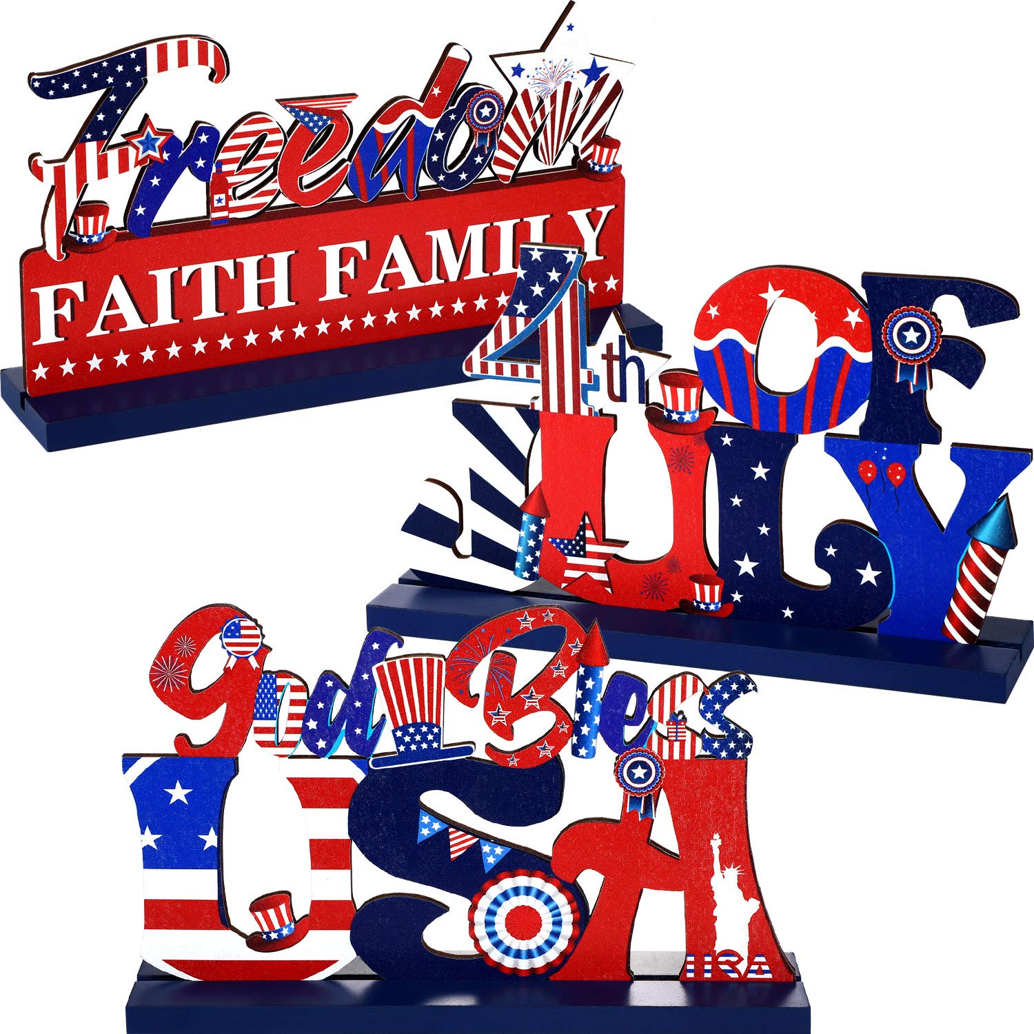 Frienda 3 Pcs 4th of July Table Centerpieces 250th Anniversary Patriotic Wooden Signs America Independence Day Decor for Memorial Veteran American Freedom Fourth of July Party Tables Decorations