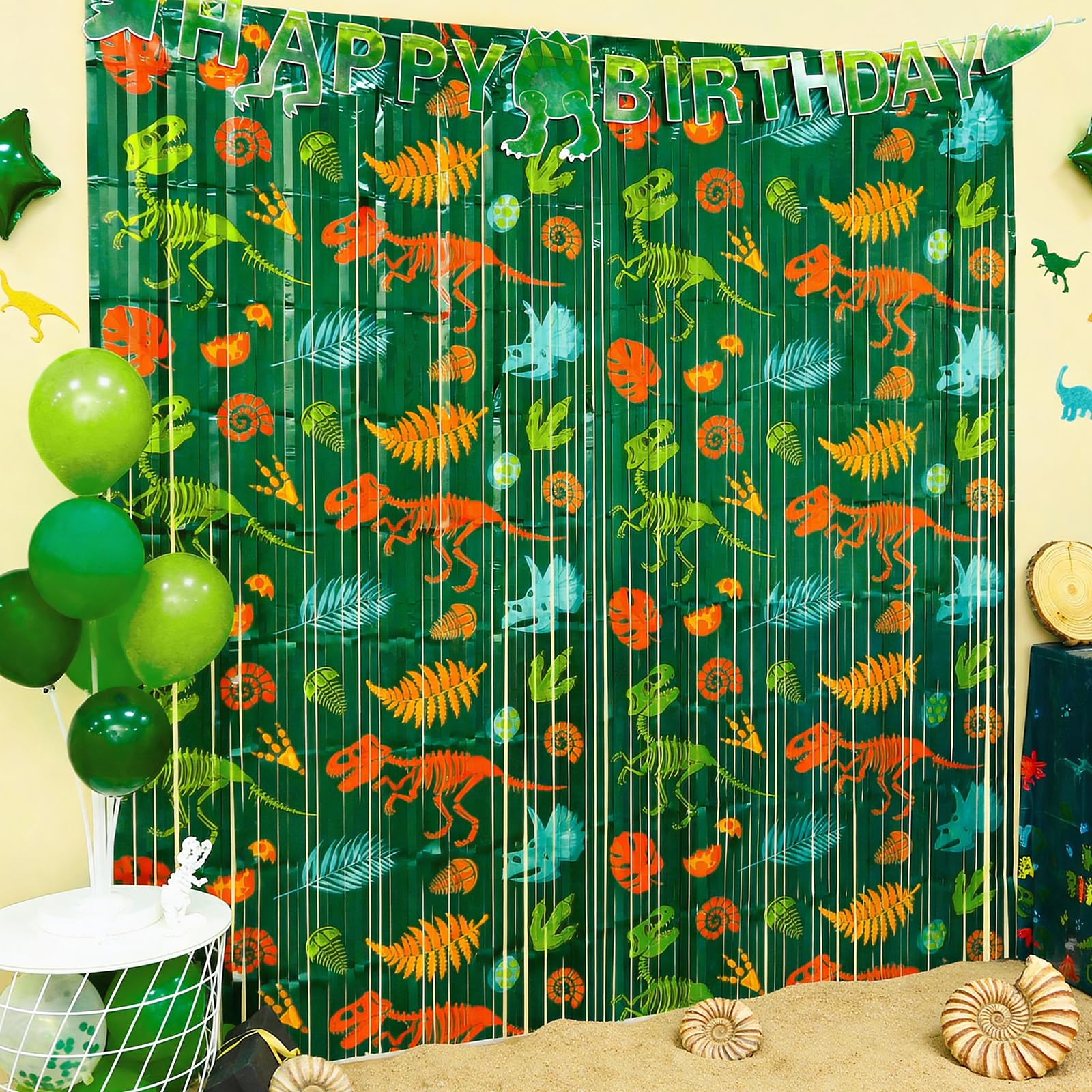 Menstarsi Dinosaur Pattern Foil Fringe Curtains, Dinosaur Backdrop, 2 Pack