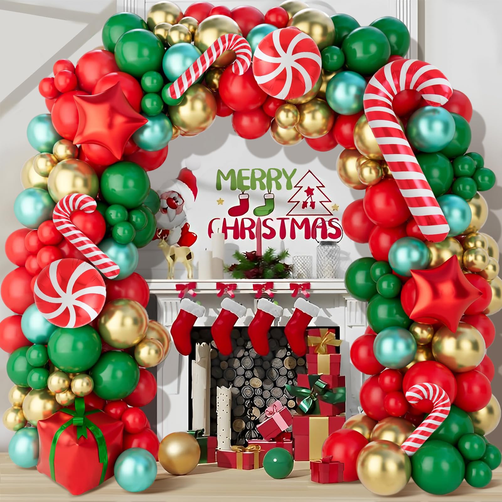 Christmas Balloon Arch Kit, 150Pcs Red Green Gold Balloon Garland with Candy Cane Balloons Red Star Balloons for Christmas Party Decorations, Xmas Decorations for Indoors