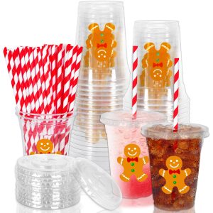 Whaline 50 Pcs Christmas Disposable Plastic Cups with Lids and Straws 12 oz Party Cups Gingerbread Man Cold Beverage Drinking Cups for Xmas Holiday Party Supplies